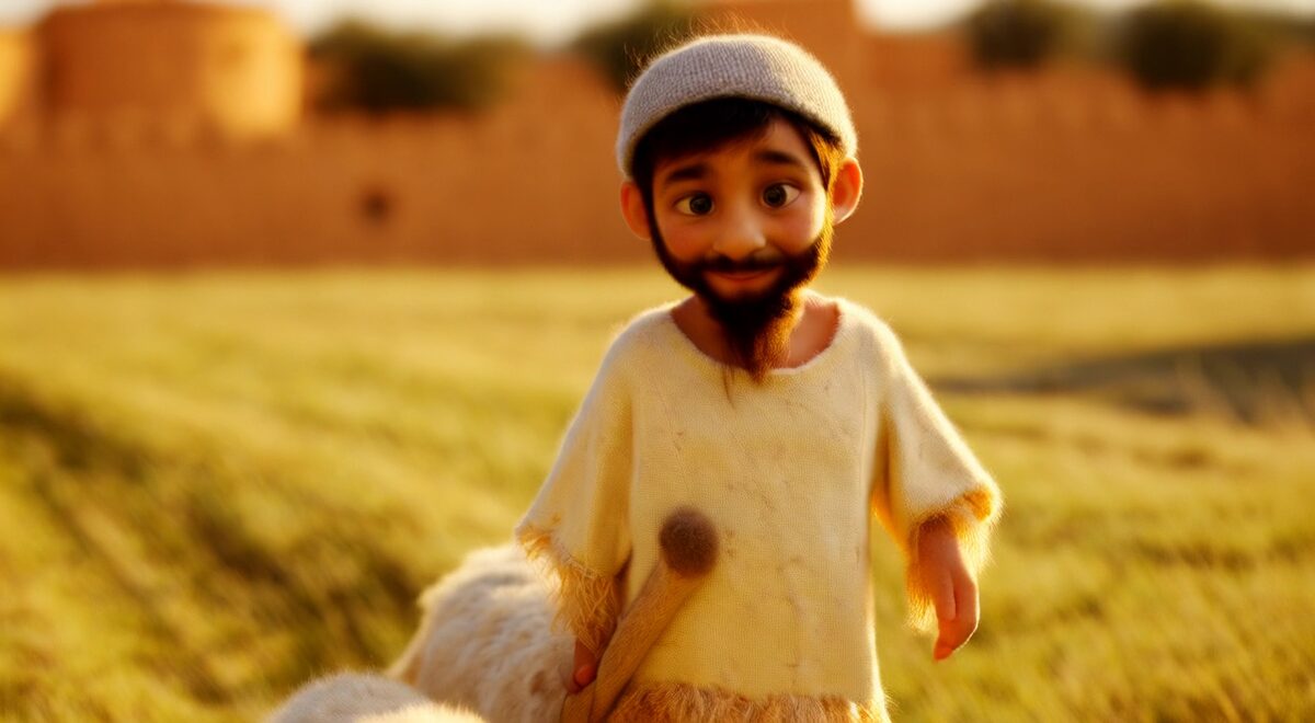 A young shepherd in a golden field with his flock